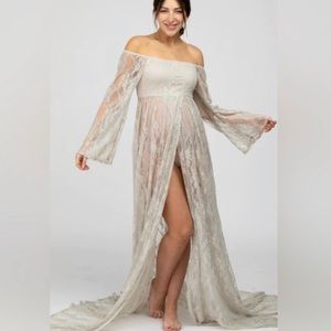 PinkBlush Maternity Photoshoot Gown Open Bump Lace Dress Bell Sleeve Size Medium